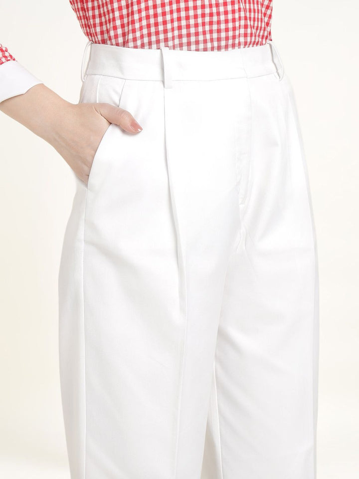 Hancock Women White Solid Polyester Wide Leg Formal Trouser