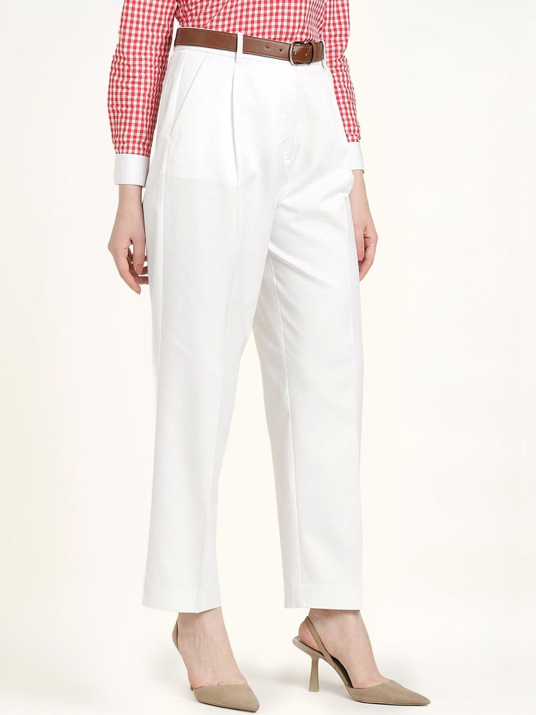 Hancock Women White Solid Polyester Wide Leg Formal Trouser