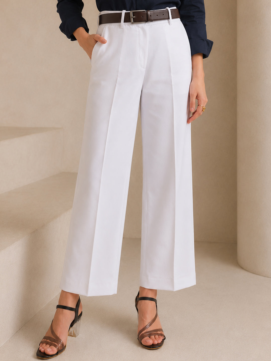 Hancock   Women   White   Solids   Viscose Rayon   Wide Leg   Formal   Trouser