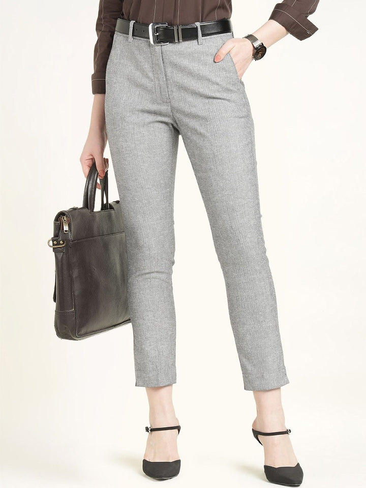 Hancock Women Grey Solid Self Design Polyester Slim Fit Formal Trouser