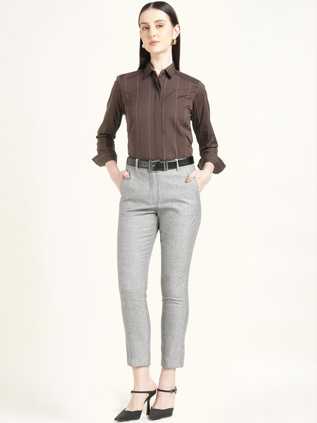 Hancock Women Grey Solid Self Design Polyester Slim Fit Formal Trouser