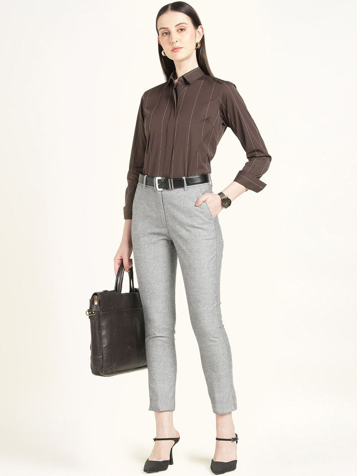 Hancock Women Grey Solid Self Design Polyester Slim Fit Formal Trouser