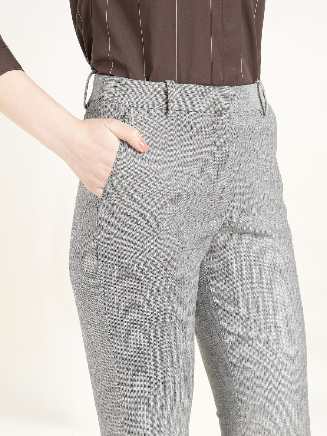 Hancock Women Grey Solid Self Design Polyester Slim Fit Formal Trouser