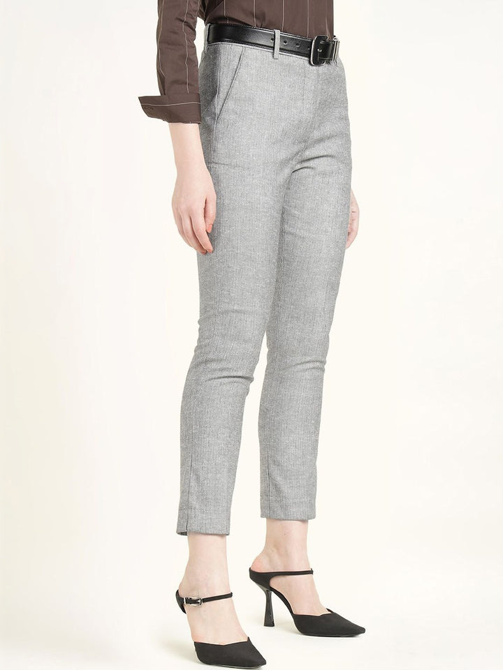 Hancock Women Grey Solid Self Design Polyester Slim Fit Formal Trouser