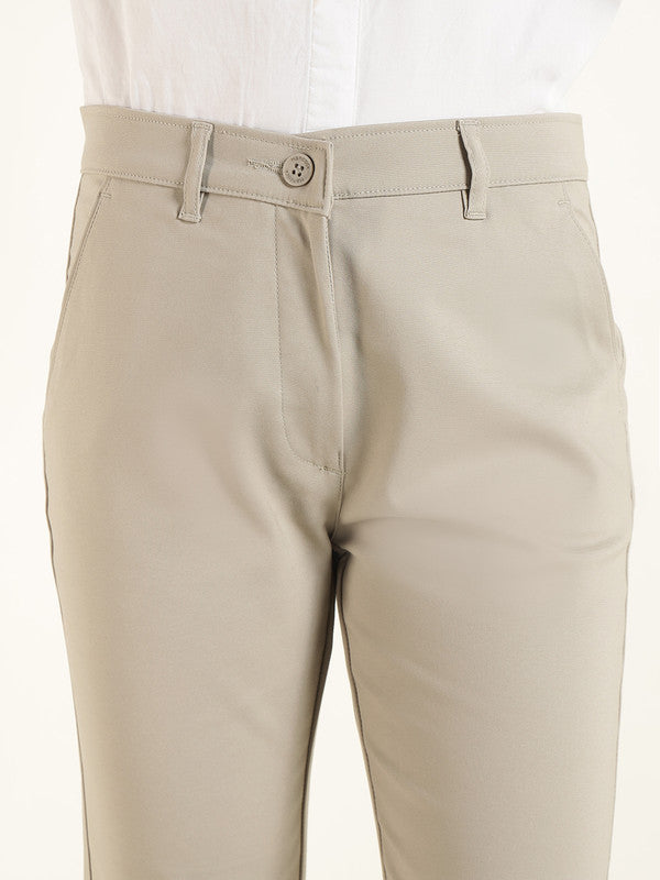 Hancock Women Beige Solid Ciggarete Fit Mid-Rise Cotton Stretch Formal Trousers