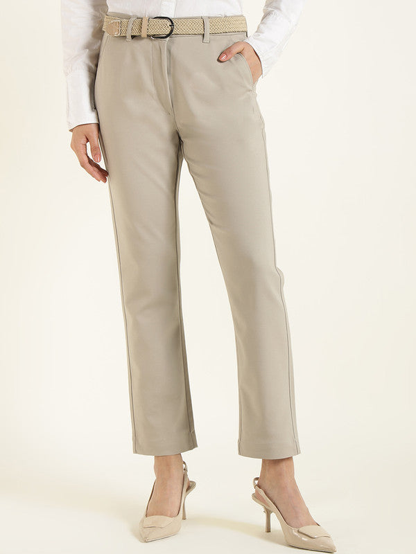 Hancock Women Beige Solid Ciggarete Fit Mid-Rise Cotton Stretch Formal Trousers
