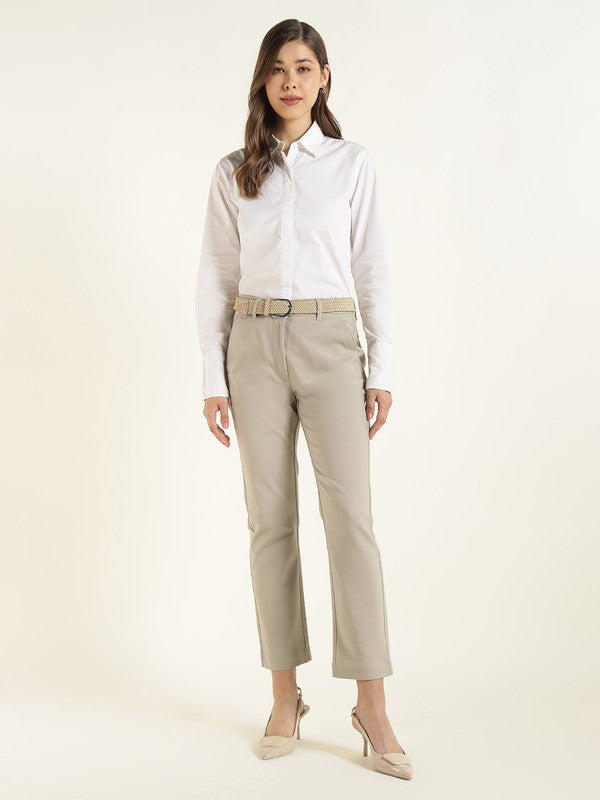 Hancock Women Beige Solid Ciggarete Fit Mid-Rise Cotton Stretch Formal Trousers