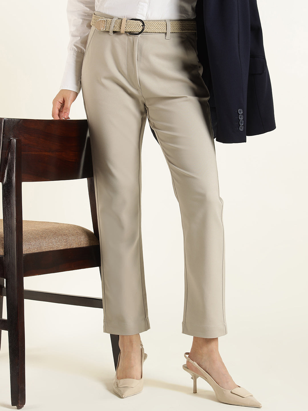 Hancock  Women  Beige  Solid  Cotton Elastane  Slim Fit  Formal  Trouser