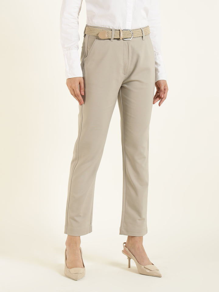 Hancock  Women  Beige  Solid  Cotton Elastane  Slim Fit  Formal  Trouser