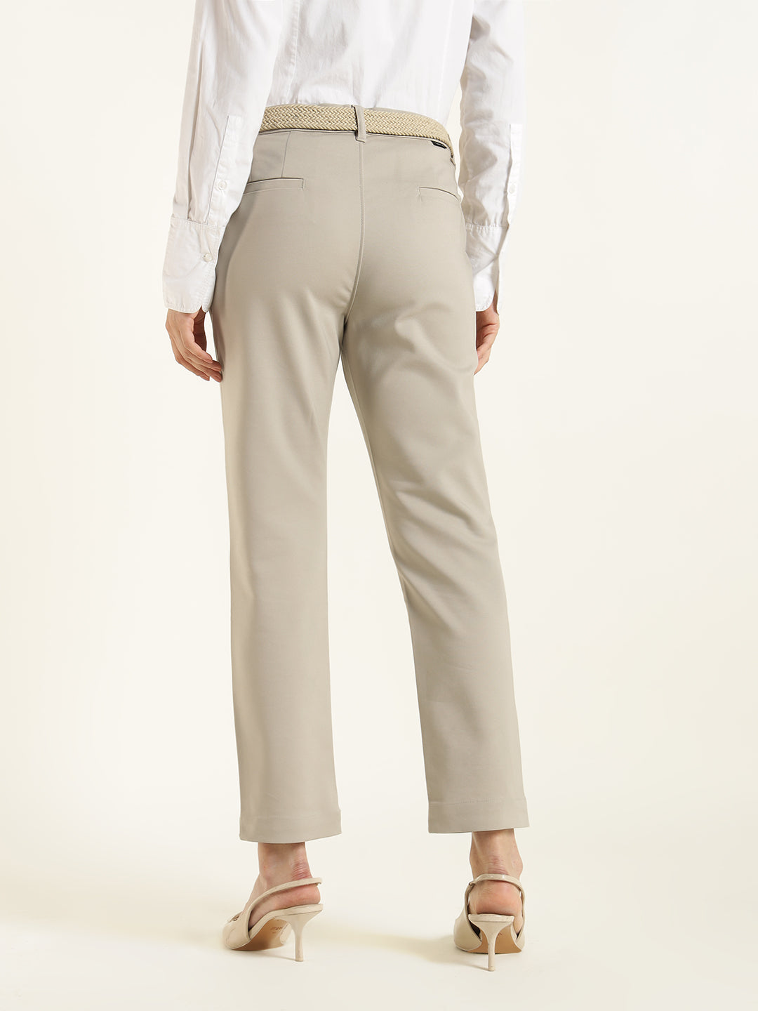 Hancock  Women  Beige  Solid  Cotton Elastane  Slim Fit  Formal  Trouser