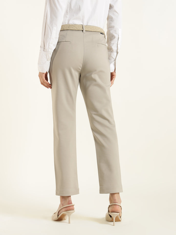 Hancock  Women  Beige  Solid  Cotton Elastane  Slim Fit  Formal  Trouser