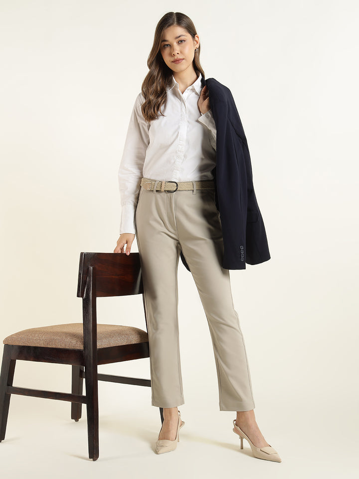Hancock  Women  Beige  Solid  Cotton Elastane  Slim Fit  Formal  Trouser