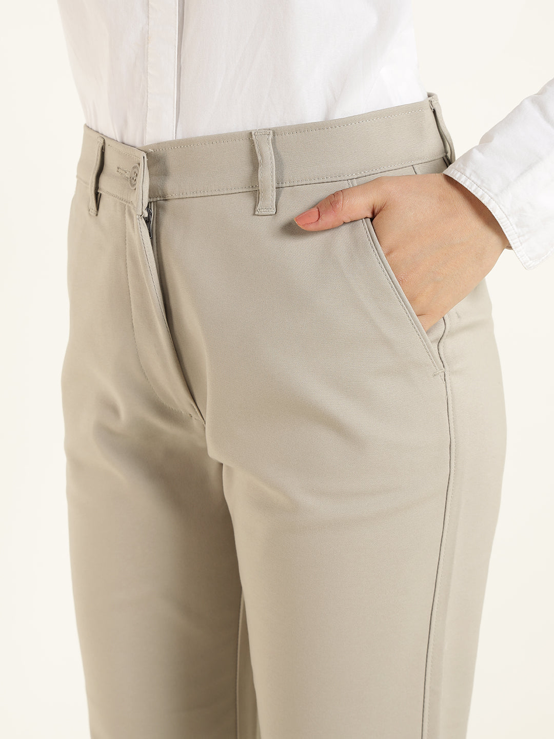 Hancock  Women  Beige  Solid  Cotton Elastane  Slim Fit  Formal  Trouser