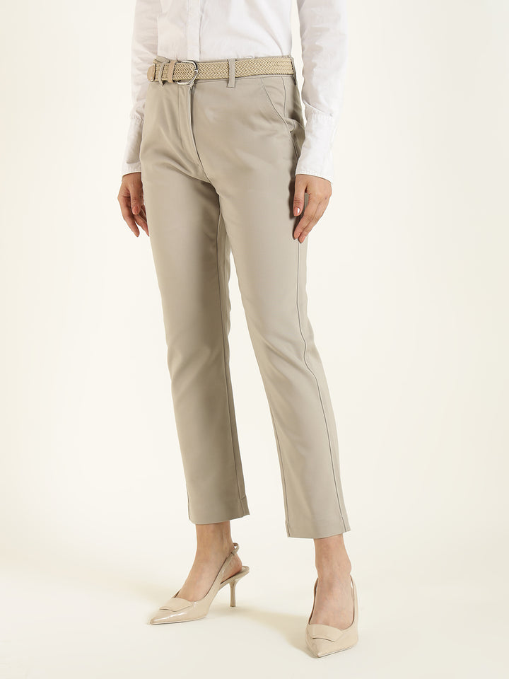 Hancock  Women  Beige  Solid  Cotton Elastane  Slim Fit  Formal  Trouser