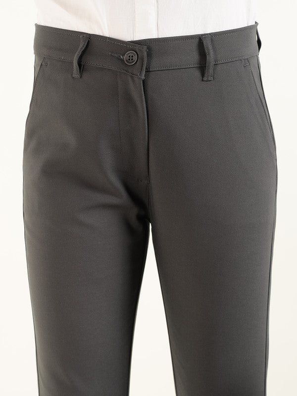 Hancock Women Dark Grey Solid Ciggarete Fit Mid-Rise Cotton Stretch Formal Trousers