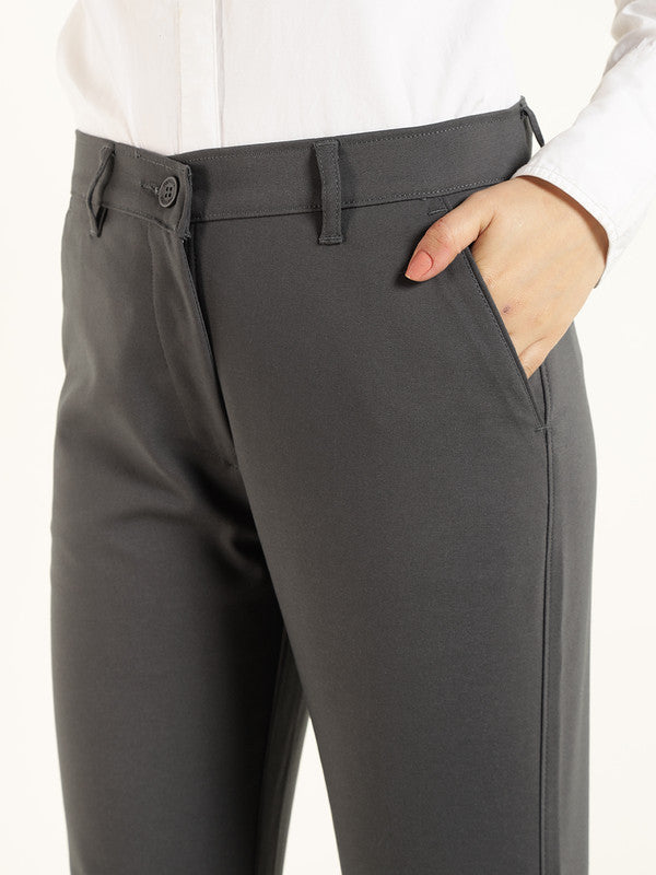 Hancock Women Dark Grey Solid Ciggarete Fit Mid-Rise Cotton Stretch Formal Trousers