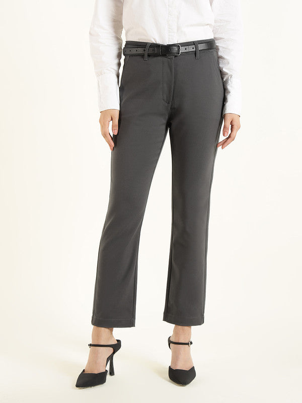 Hancock Women Dark Grey Solid Ciggarete Fit Mid-Rise Cotton Stretch Formal Trousers