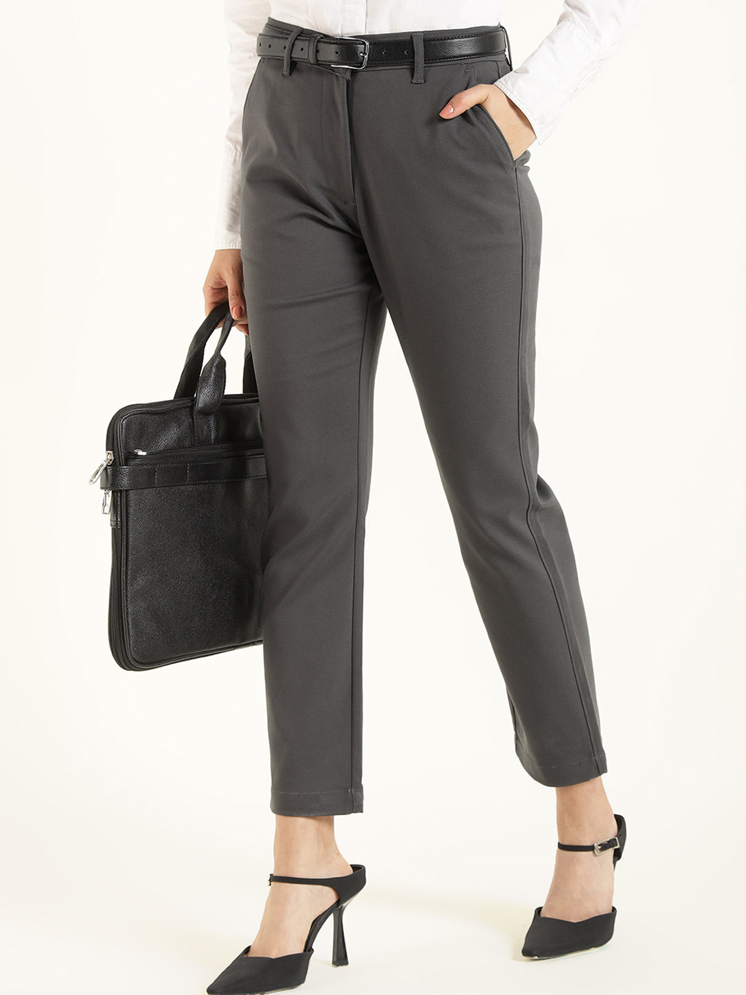 Hancock  Women  Dark Grey  Solid  Cotton Elastane  Slim Fit  Formal  Trouser