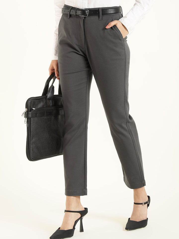 Hancock  Women  Dark Grey  Solid  Cotton Elastane  Slim Fit  Formal  Trouser