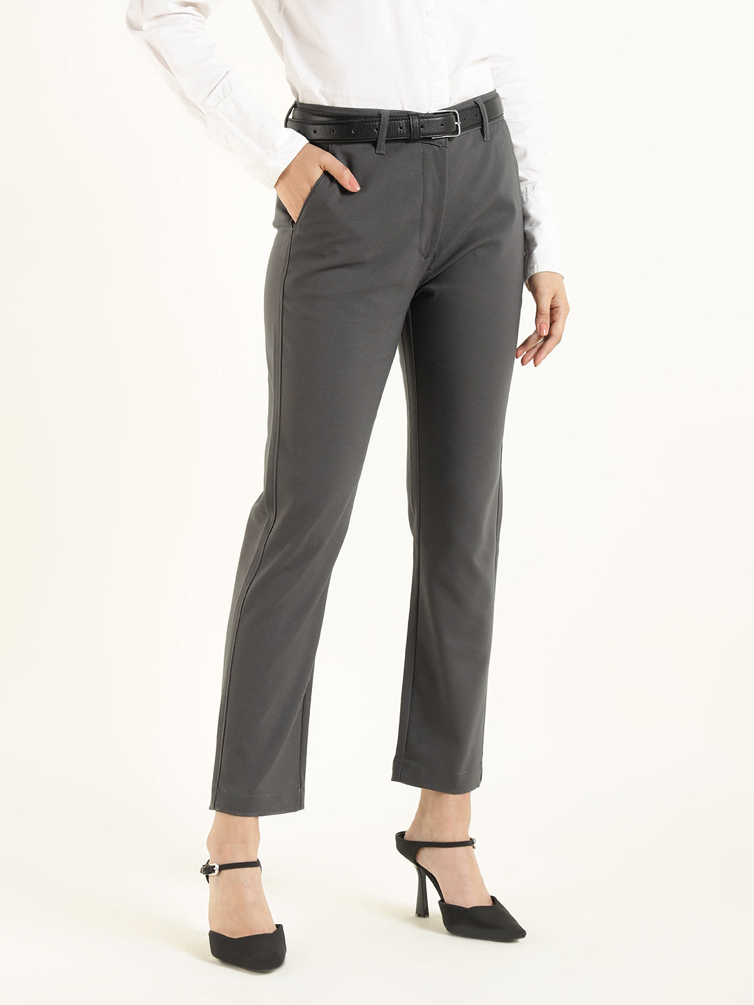 Hancock  Women  Dark Grey  Solid  Cotton Elastane  Slim Fit  Formal  Trouser