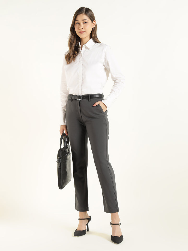 Hancock  Women  Dark Grey  Solid  Cotton Elastane  Slim Fit  Formal  Trouser