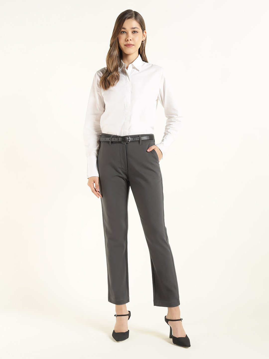 Hancock  Women  Dark Grey  Solid  Cotton Elastane  Slim Fit  Formal  Trouser