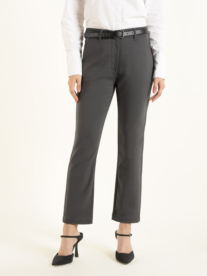 Hancock  Women  Dark Grey  Solid  Cotton Elastane  Slim Fit  Formal  Trouser