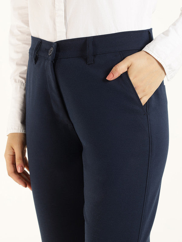 Hancock Women Navy Blue Solid Ciggarete Fit Mid-Rise Cotton Stretch Formal Trousers