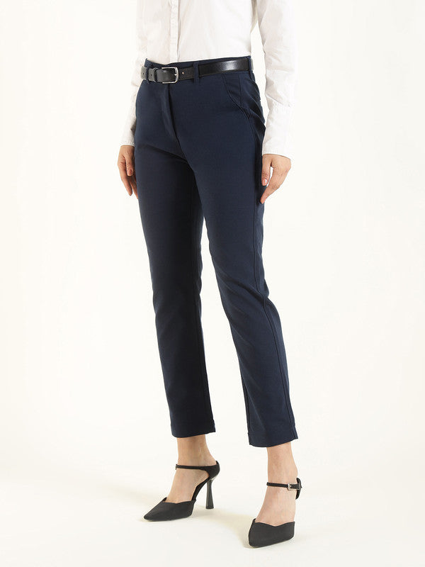 Hancock Women Navy Blue Solid Ciggarete Fit Mid-Rise Cotton Stretch Formal Trousers