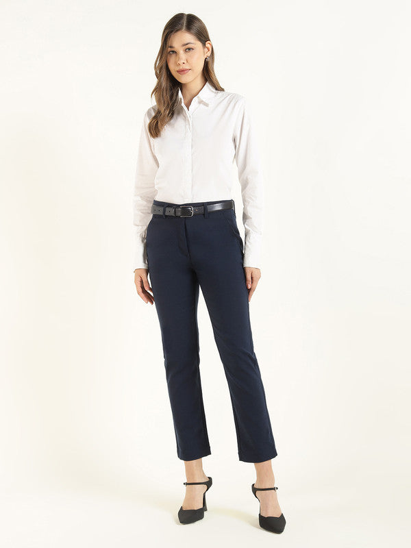 Hancock Women Navy Blue Solid Ciggarete Fit Mid-Rise Cotton Stretch Formal Trousers