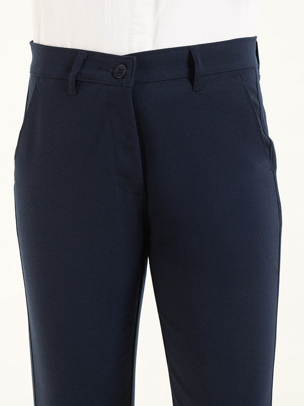 Hancock Women Navy Blue Solid Ciggarete Fit Mid-Rise Cotton Stretch Formal Trousers