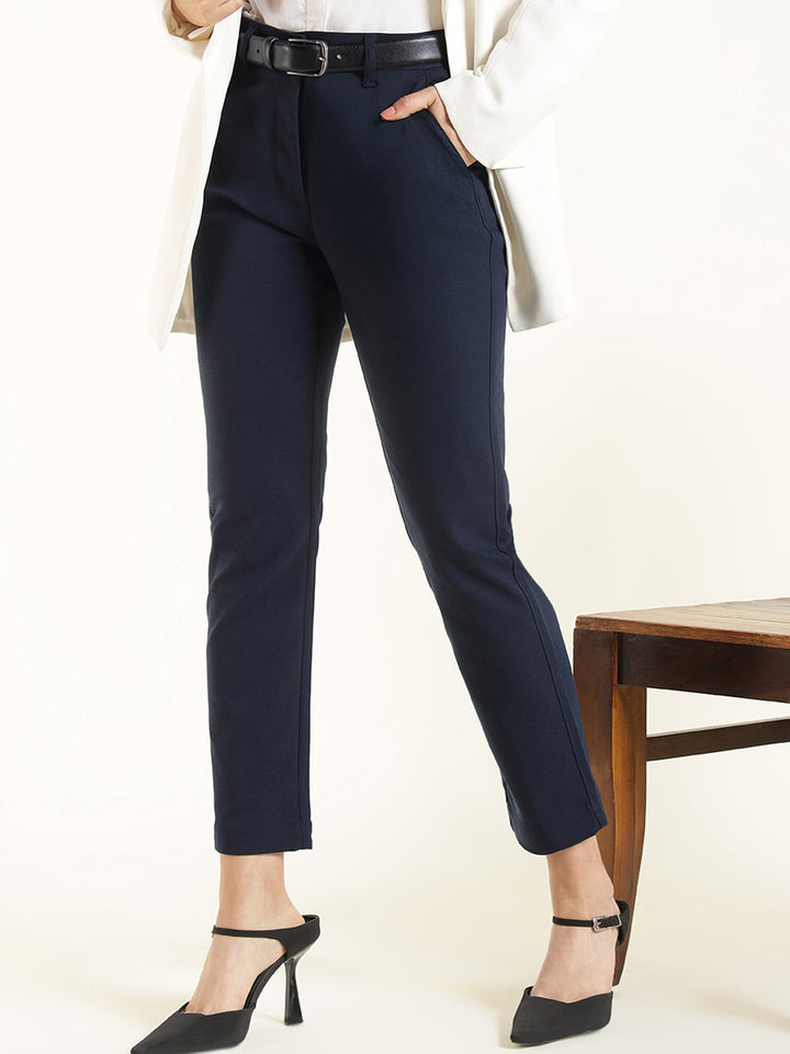Hancock  Women  Navy Blue  Solid  Cotton Elastane  Slim Fit  Formal  Trouser