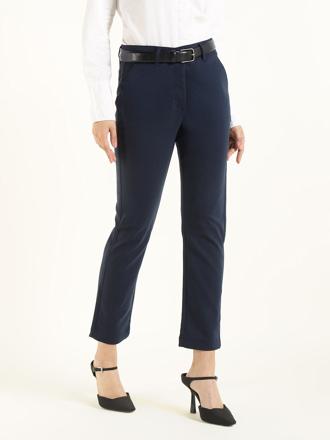 Hancock  Women  Navy Blue  Solid  Cotton Elastane  Slim Fit  Formal  Trouser