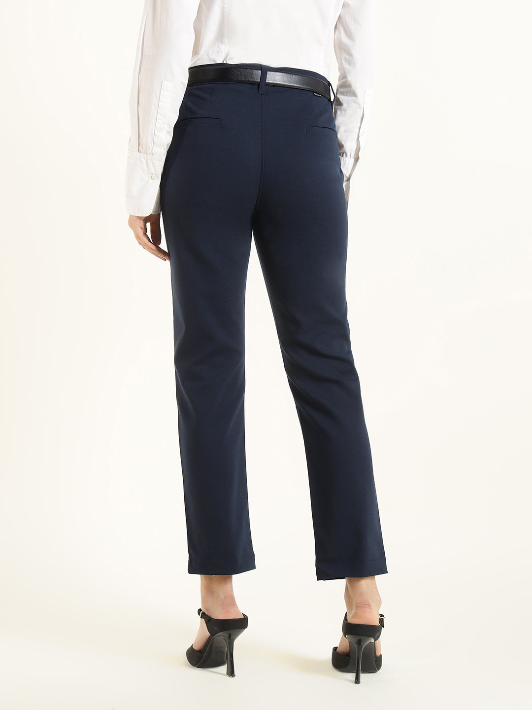 Hancock  Women  Navy Blue  Solid  Cotton Elastane  Slim Fit  Formal  Trouser