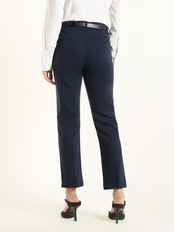 Hancock  Women  Navy Blue  Solid  Cotton Elastane  Slim Fit  Formal  Trouser