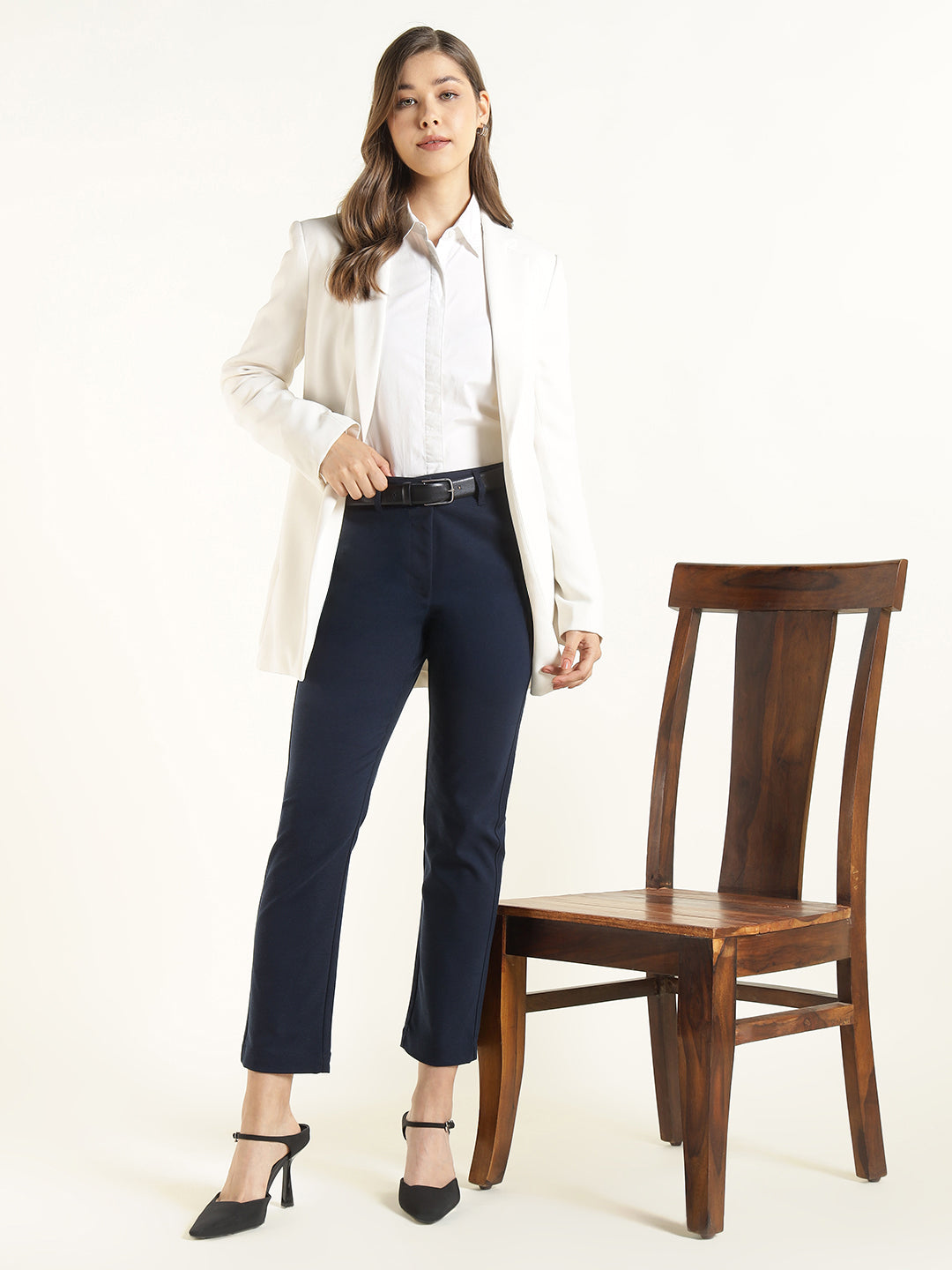 Hancock  Women  Navy Blue  Solid  Cotton Elastane  Slim Fit  Formal  Trouser