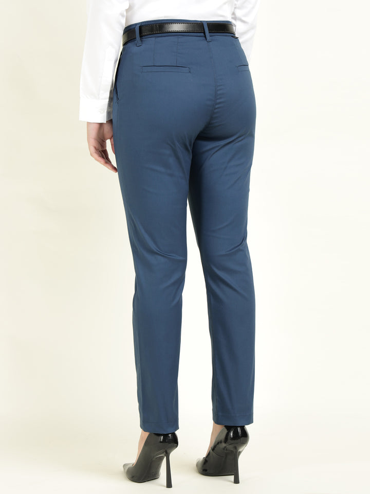 Hancock Women Blue Solid Ciggarete Fit Mid-Rise Cotton Stretch Formal Trousers