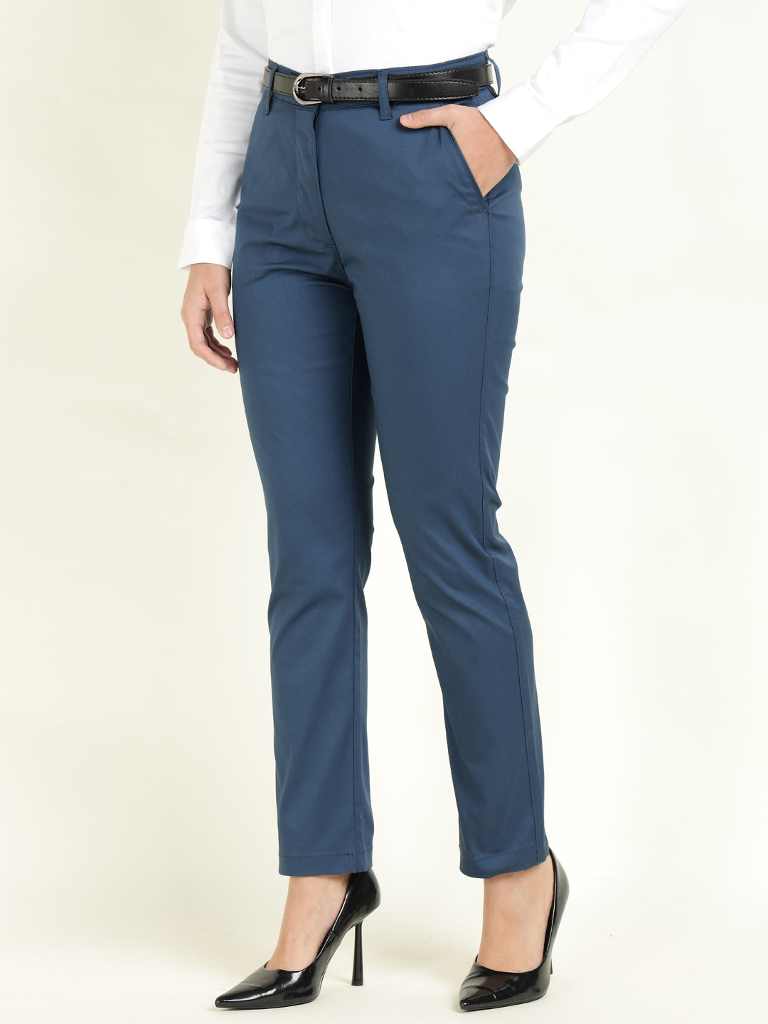 Hancock Women Blue Solid Ciggarete Fit Mid-Rise Cotton Stretch Formal Trousers