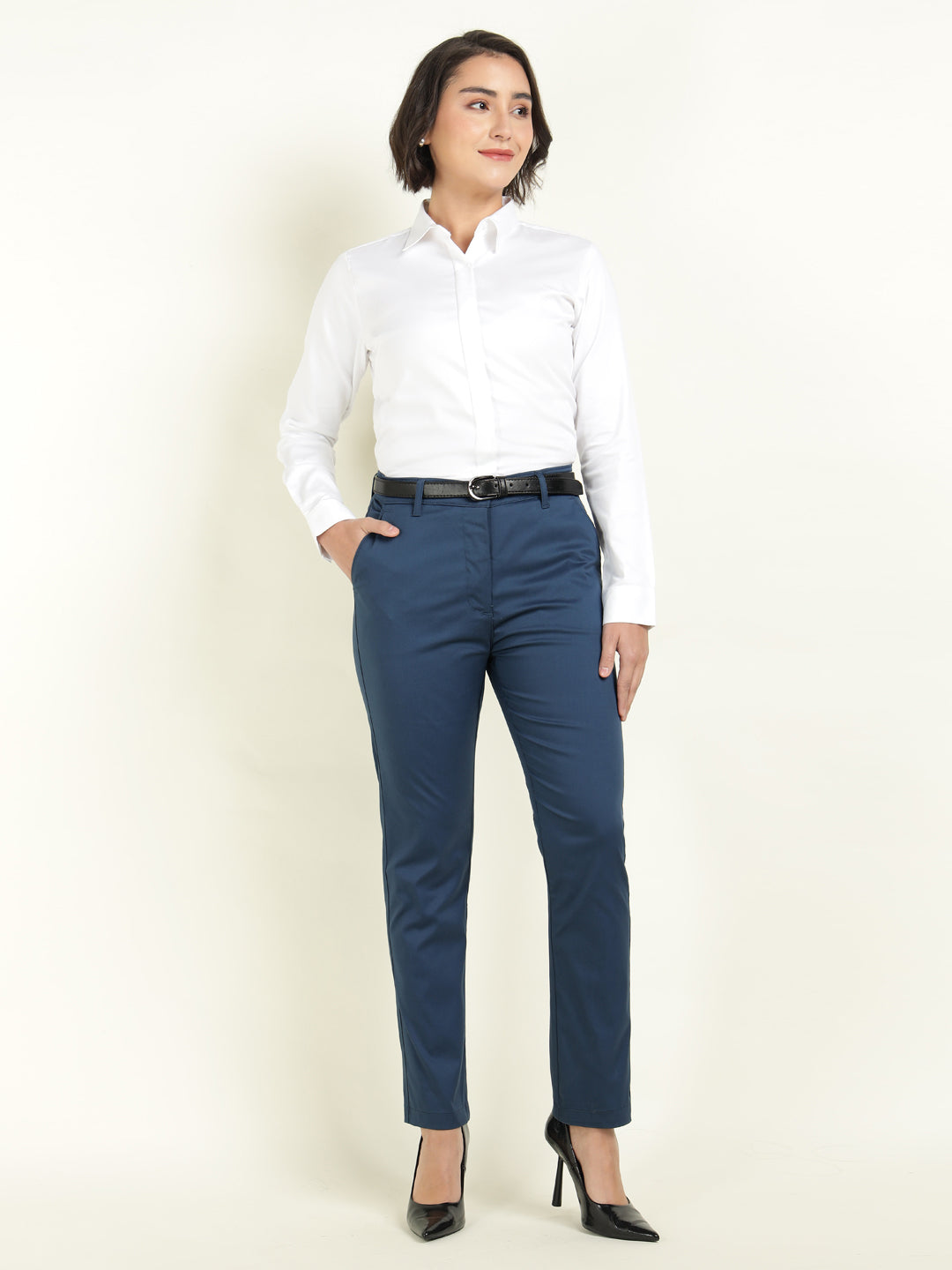 Hancock Women Blue Solid Ciggarete Fit Mid-Rise Cotton Stretch Formal Trousers