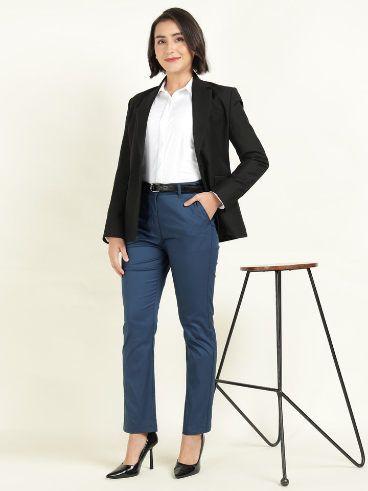 Hancock Women Blue Solid Ciggarete Fit Mid-Rise Cotton Stretch Formal Trousers