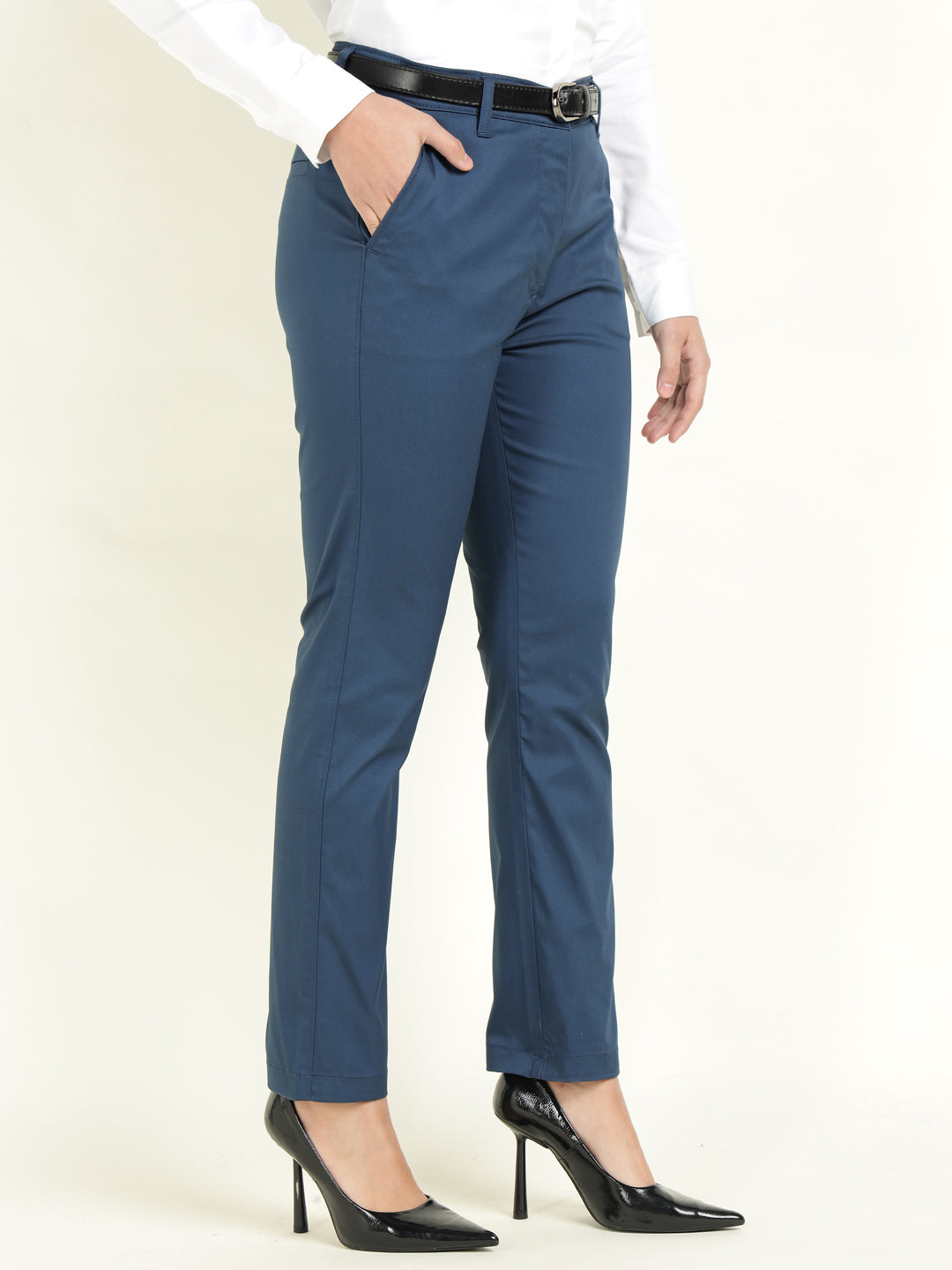 Hancock Women Blue Solid Ciggarete Fit Mid-Rise Cotton Stretch Formal Trousers