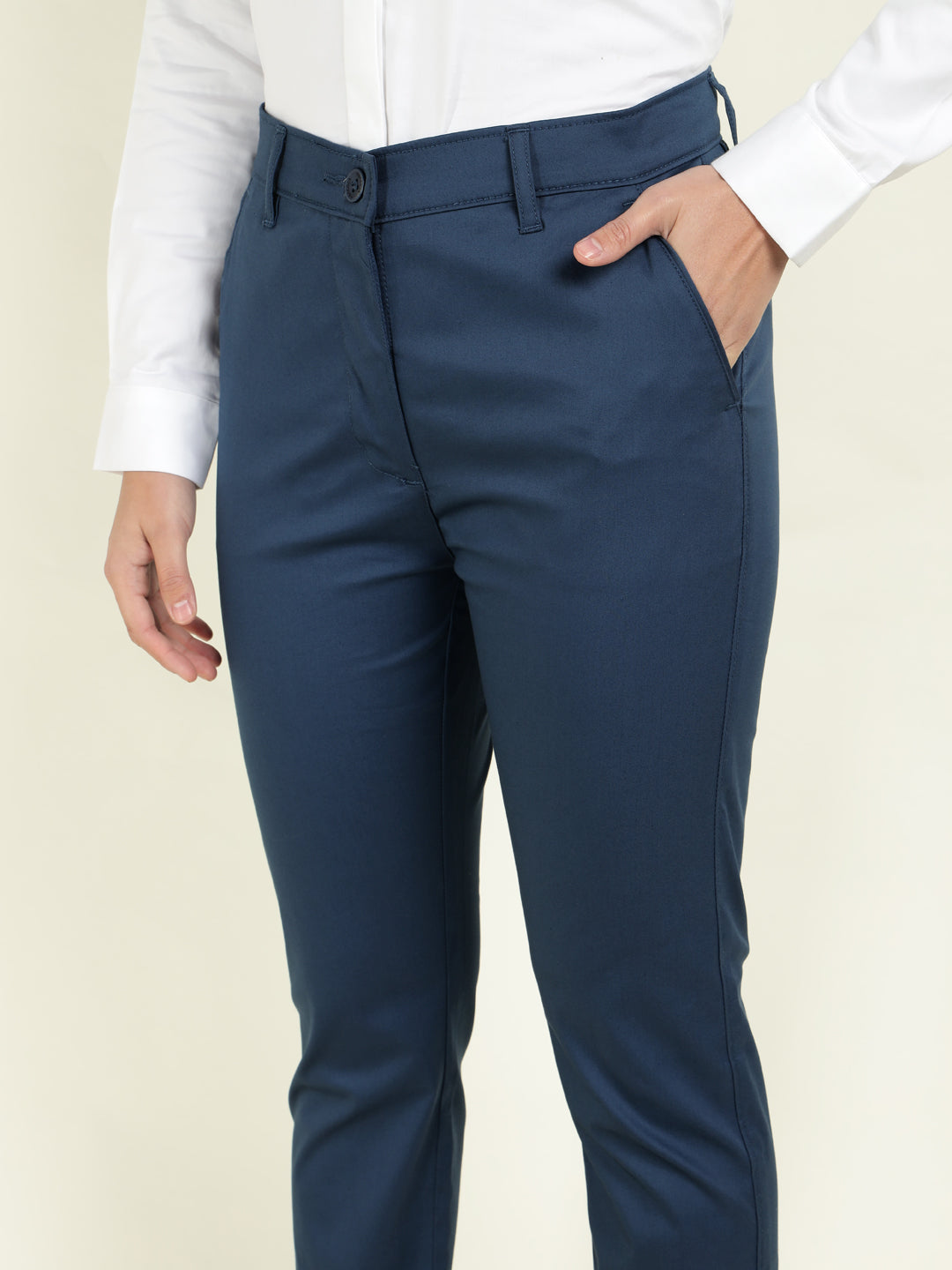 Hancock Women Blue Solid Ciggarete Fit Mid-Rise Cotton Stretch Formal Trousers