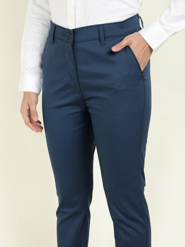 Hancock Women Blue Solid Ciggarete Fit Mid-Rise Cotton Stretch Formal Trousers