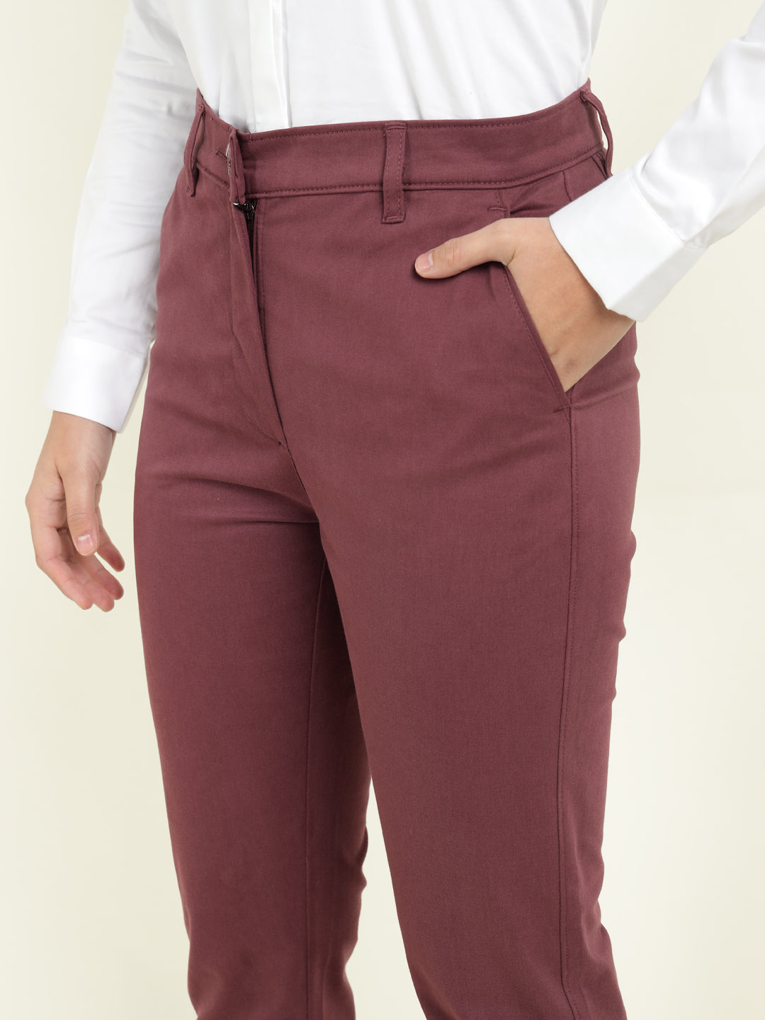 Hancock Women Maroon Solid Ciggarete Fit Mid-Rise Cotton Stretch Formal Trousers