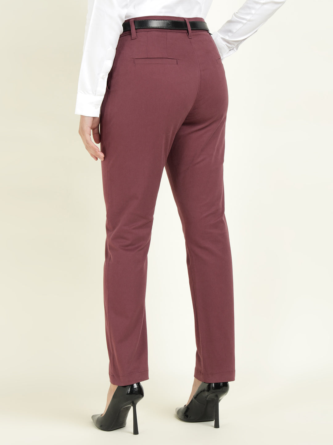 Hancock Women Maroon Solid Ciggarete Fit Mid-Rise Cotton Stretch Formal Trousers