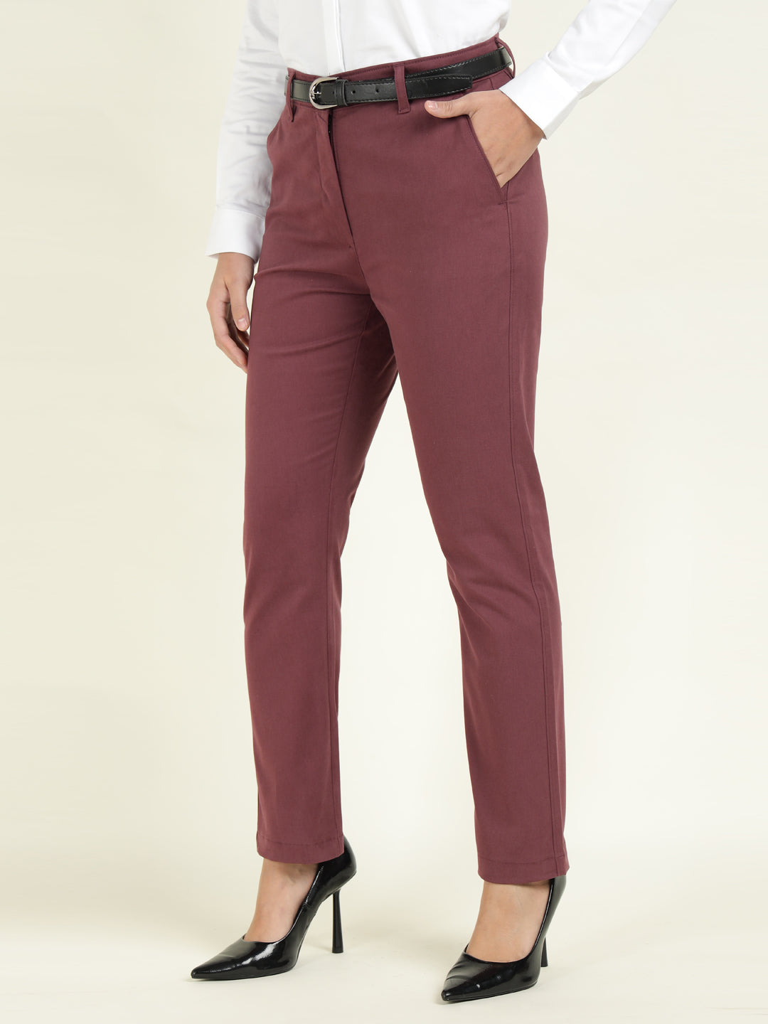 Hancock Women Maroon Solid Ciggarete Fit Mid-Rise Cotton Stretch Formal Trousers