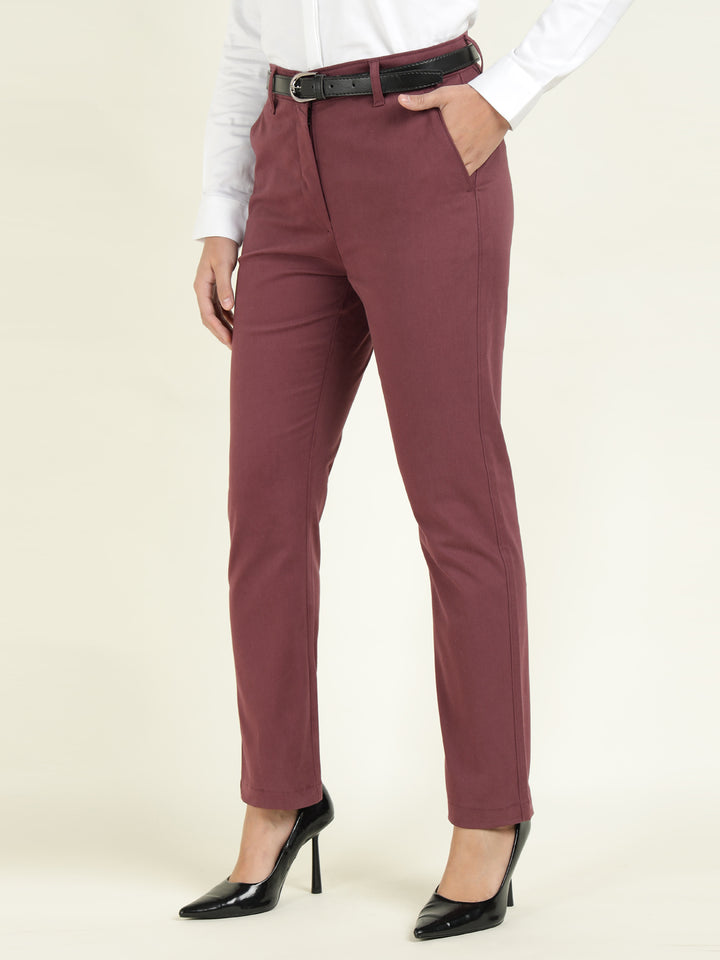 Hancock Women Maroon Solid Ciggarete Fit Mid-Rise Cotton Stretch Formal Trousers