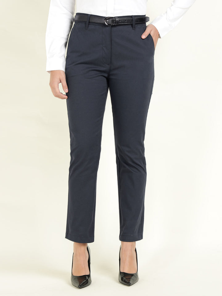 Hancock Women Navy Blue Solid Ciggarete Fit Mid-Rise Cotton Stretch Formal Trousers