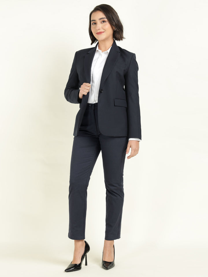 Hancock Women Navy Blue Solid Ciggarete Fit Mid-Rise Cotton Stretch Formal Trousers