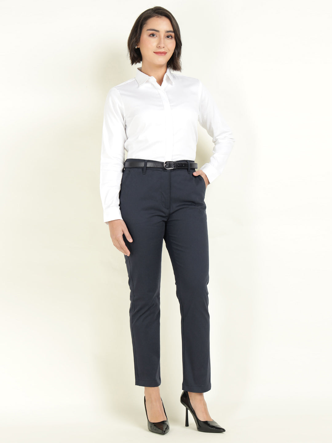 Hancock Women Navy Blue Solid Ciggarete Fit Mid-Rise Cotton Stretch Formal Trousers